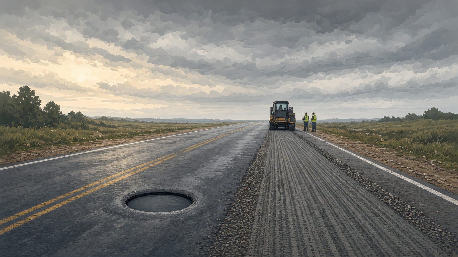 A wet road shows a filled pothole beside a freshly milled strip and distant workers.