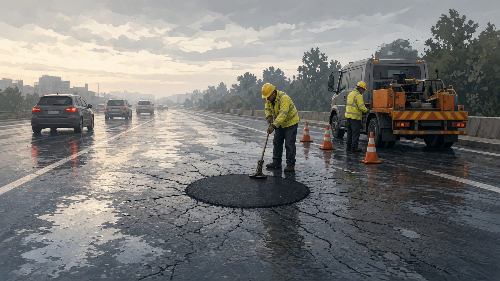 Small road workers finish a fresh patch on a rain-wet busy arterial.