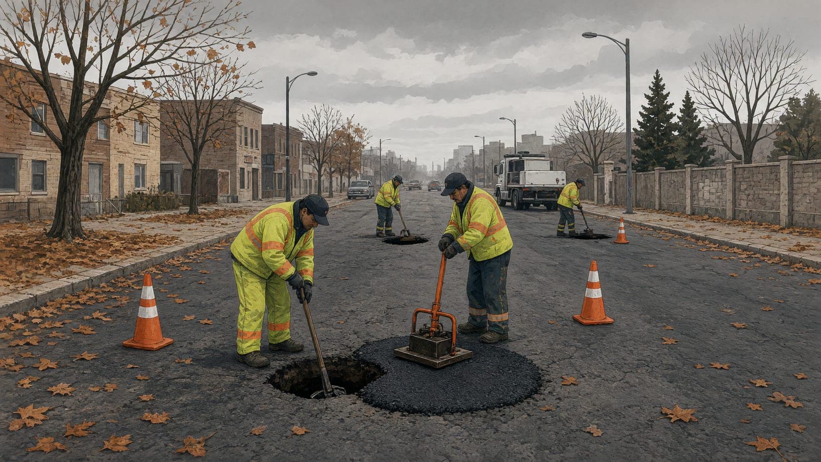 Crews in safety gear patch potholes along a city avenue on a gray autumn day.