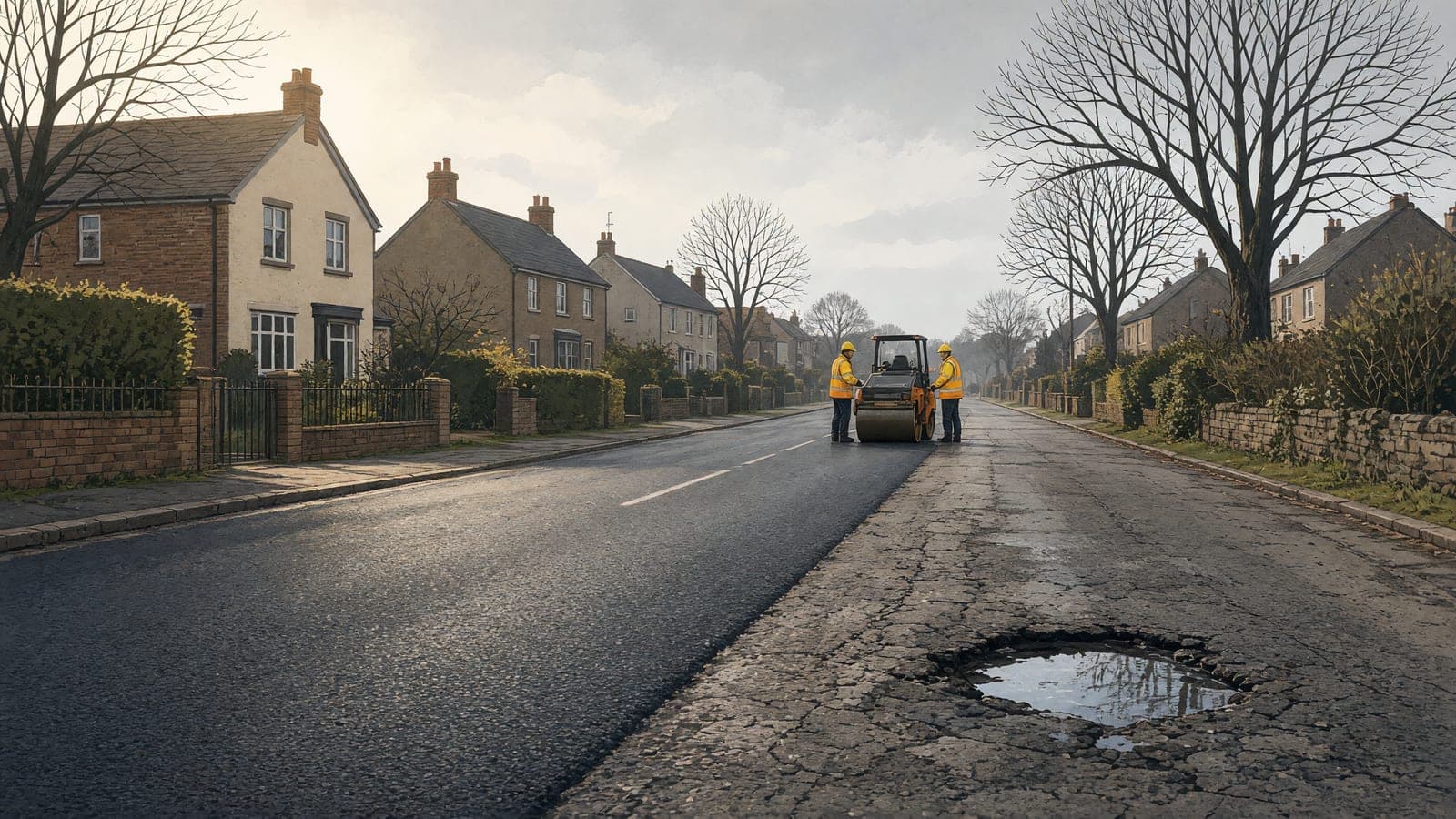 A newly resurfaced wet road meets an older cracked stretch as distant workers finish repairs.