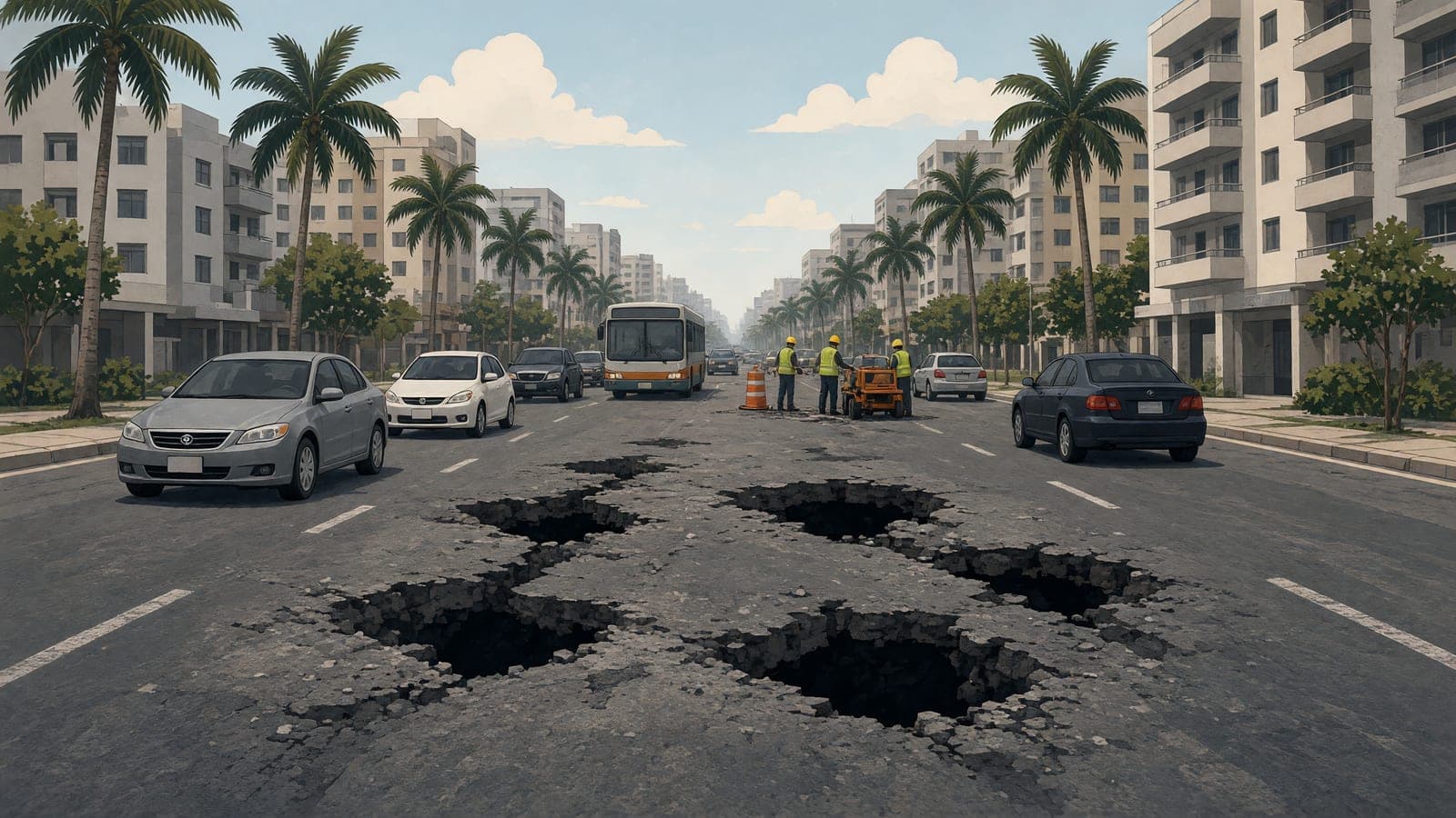 Traffic crawls around deep potholes on a busy tropical city avenue as a distant crew works.