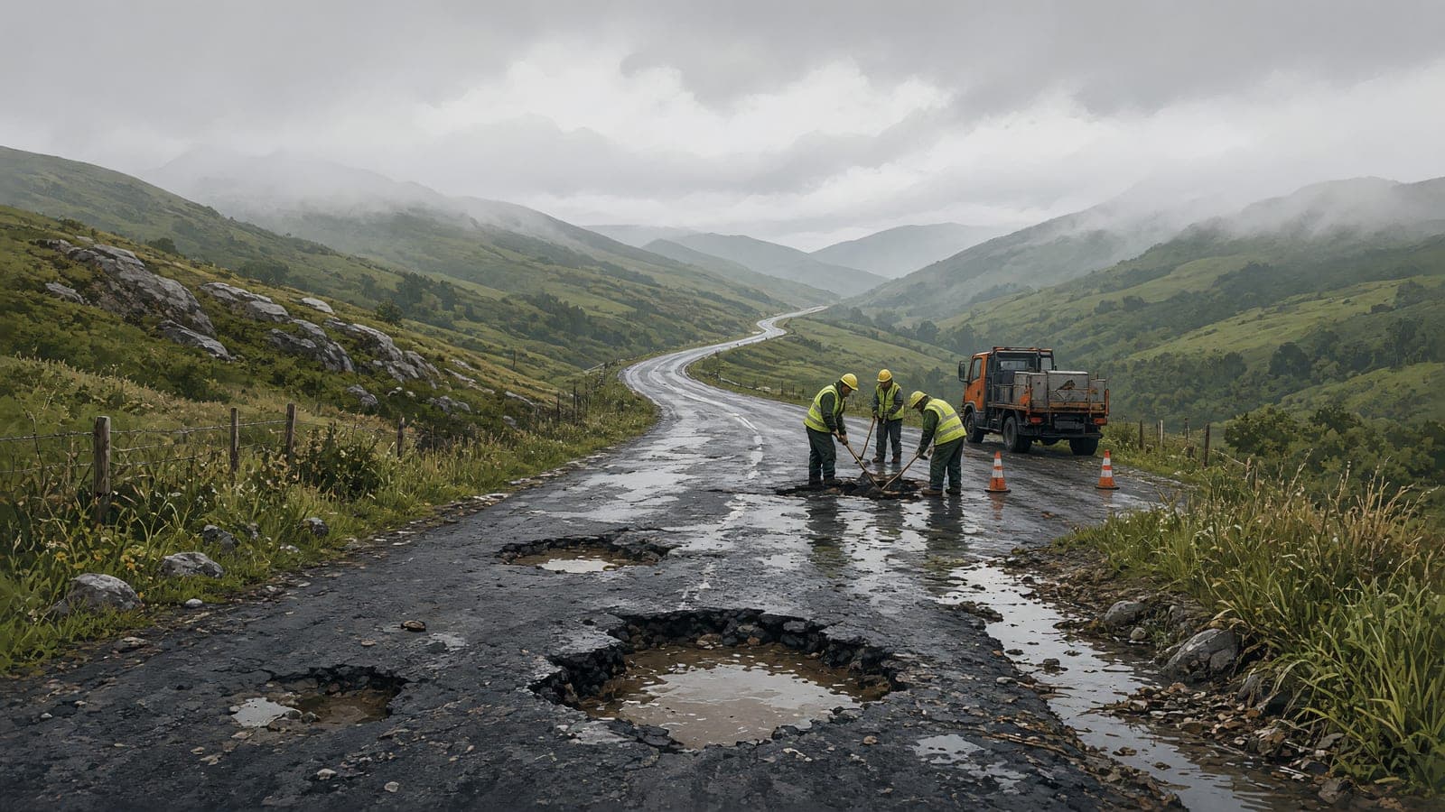 A rain-soaked rural road marked by water-filled potholes and a distant repair crew.