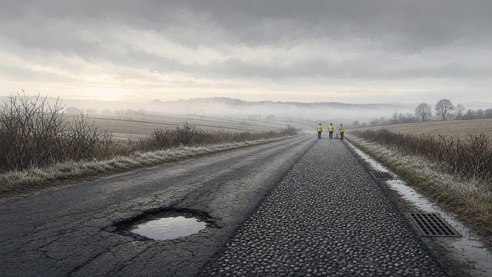 Road crews prepare a damp northern carriageway and its drainage before winter frost.