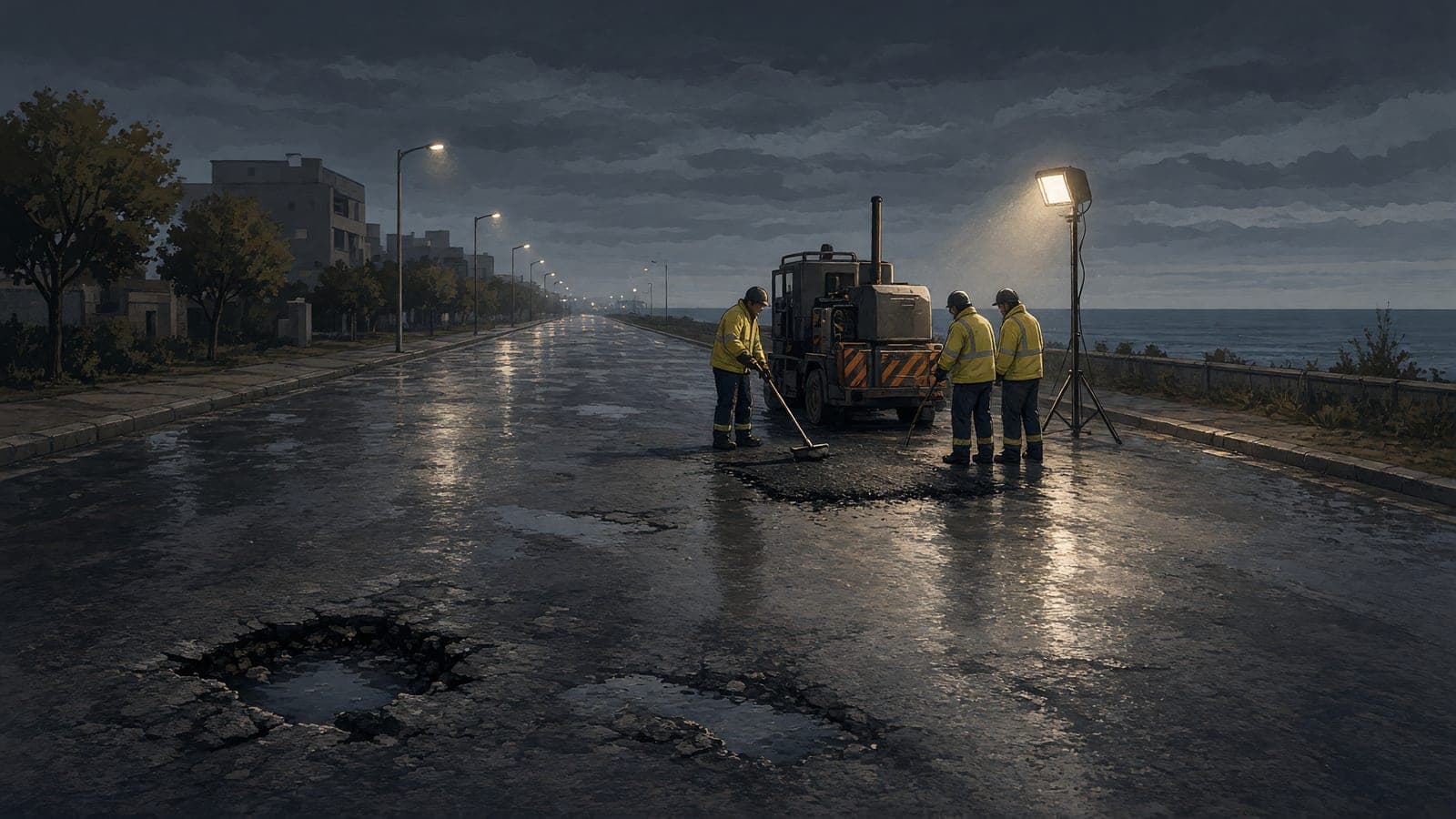 Night crew repairs rain-filled potholes on an empty wet boulevard.