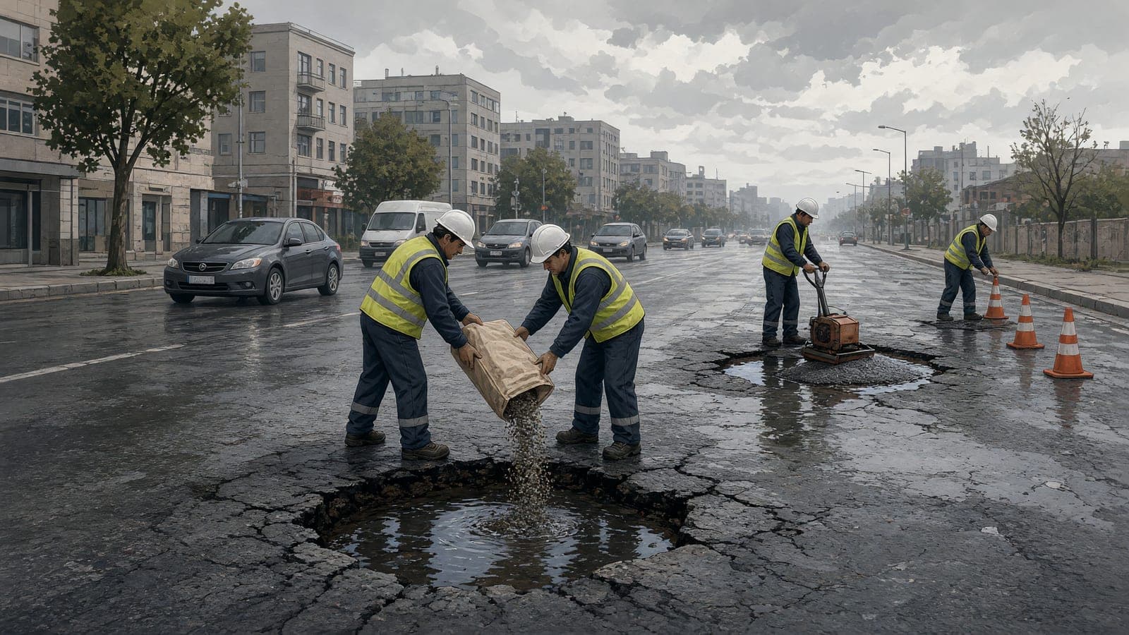 Road crews repair several rain-filled potholes along a busy city street.