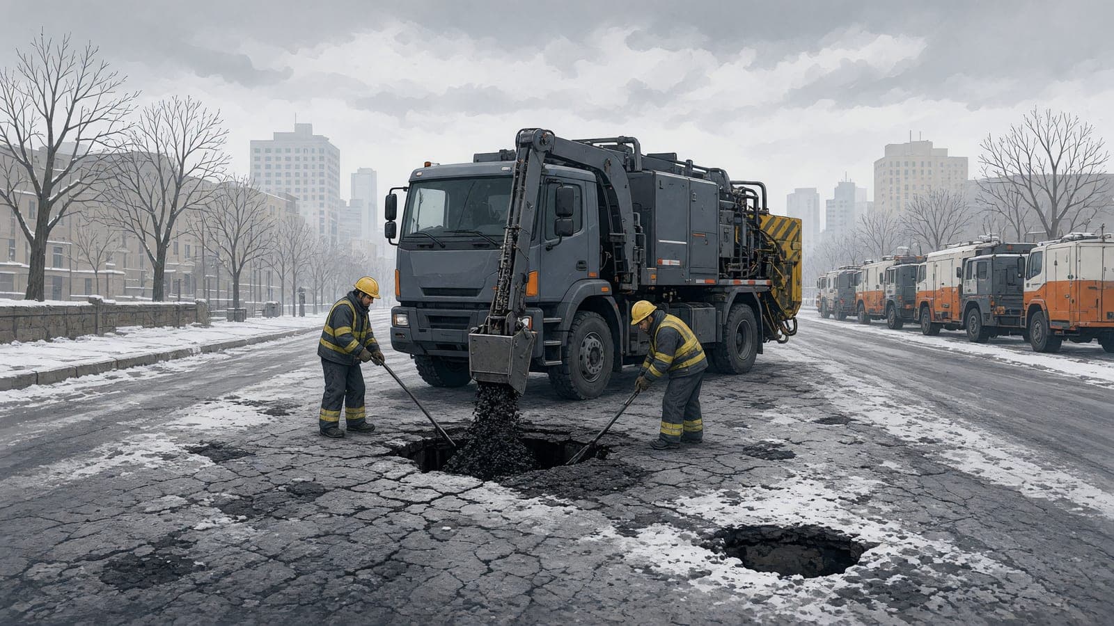 Patching trucks and two workers fill street potholes as light snow begins.