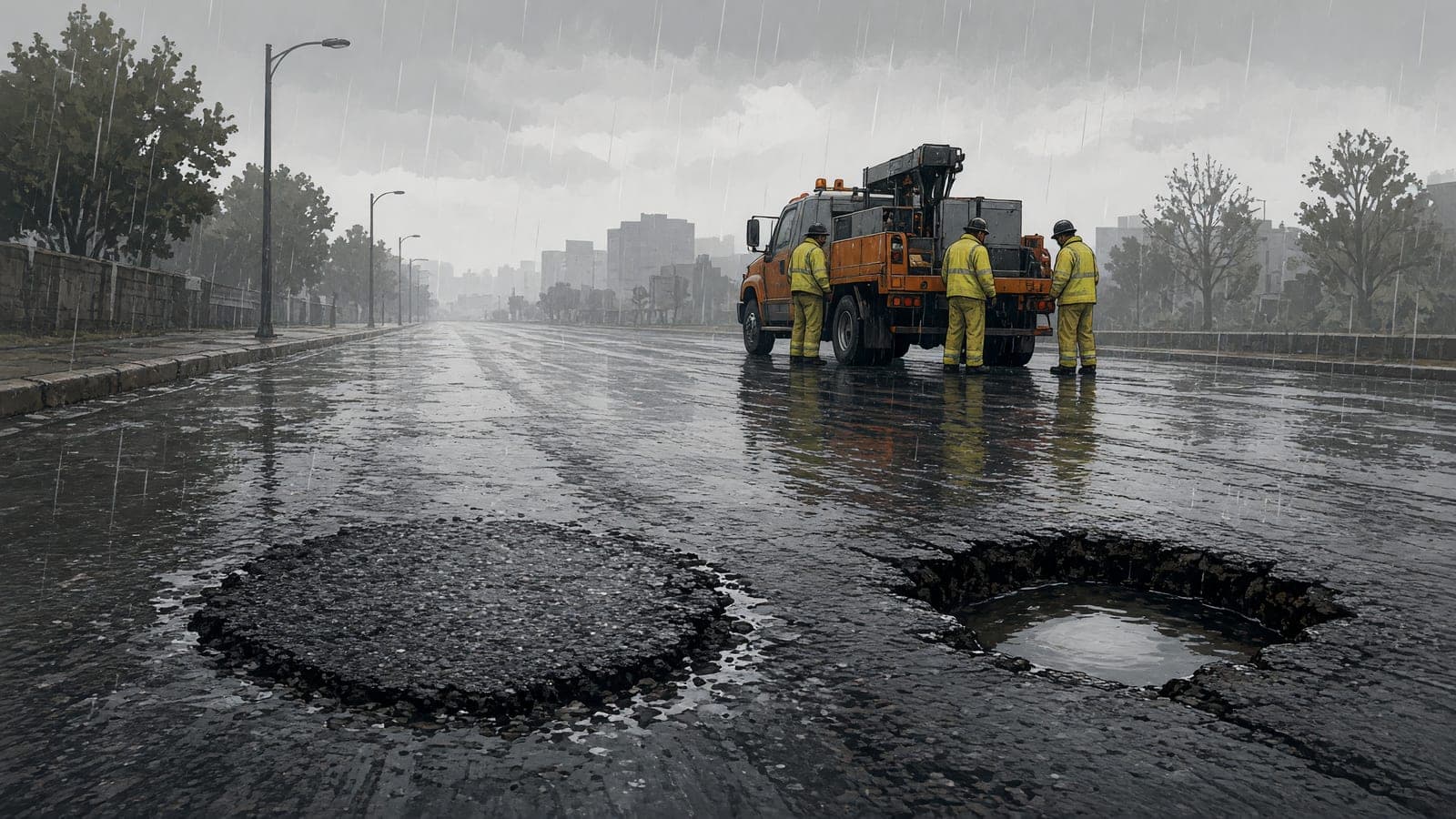 Rain pools around a fresh pothole patch on a wet city street.
