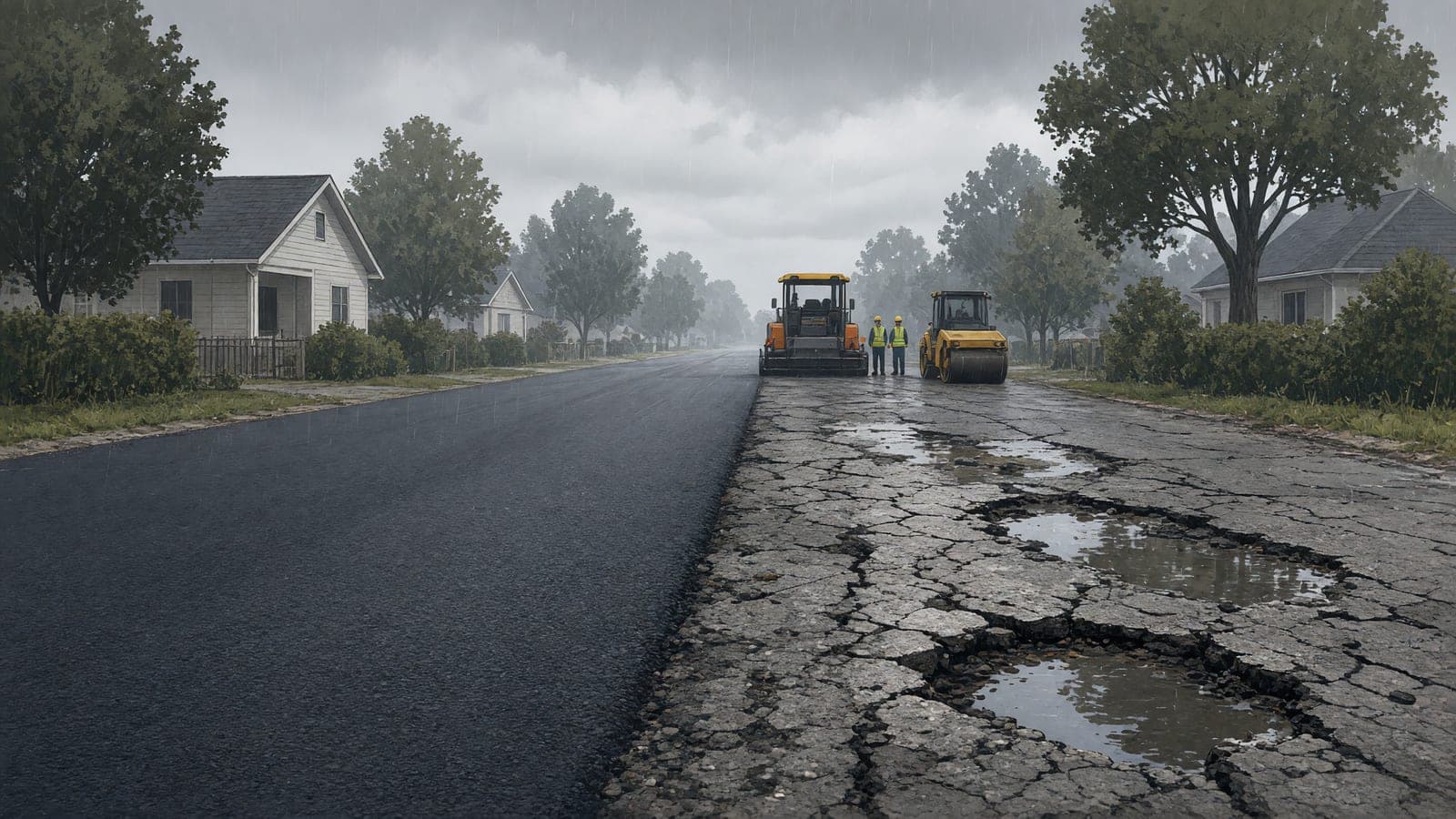 Rain-soaked suburban street where fresh asphalt meets crumbling pavement and distant paving crews.