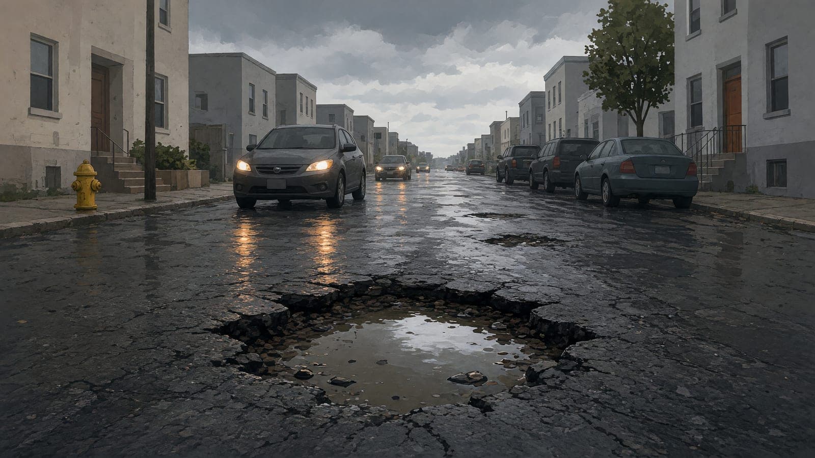 Cars approach a wide water-filled pothole on a rain-soaked city street.