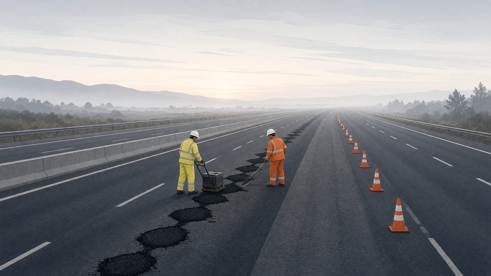 Highway crews fill a long line of potholes beside a fresh resurfaced lane at dawn.
