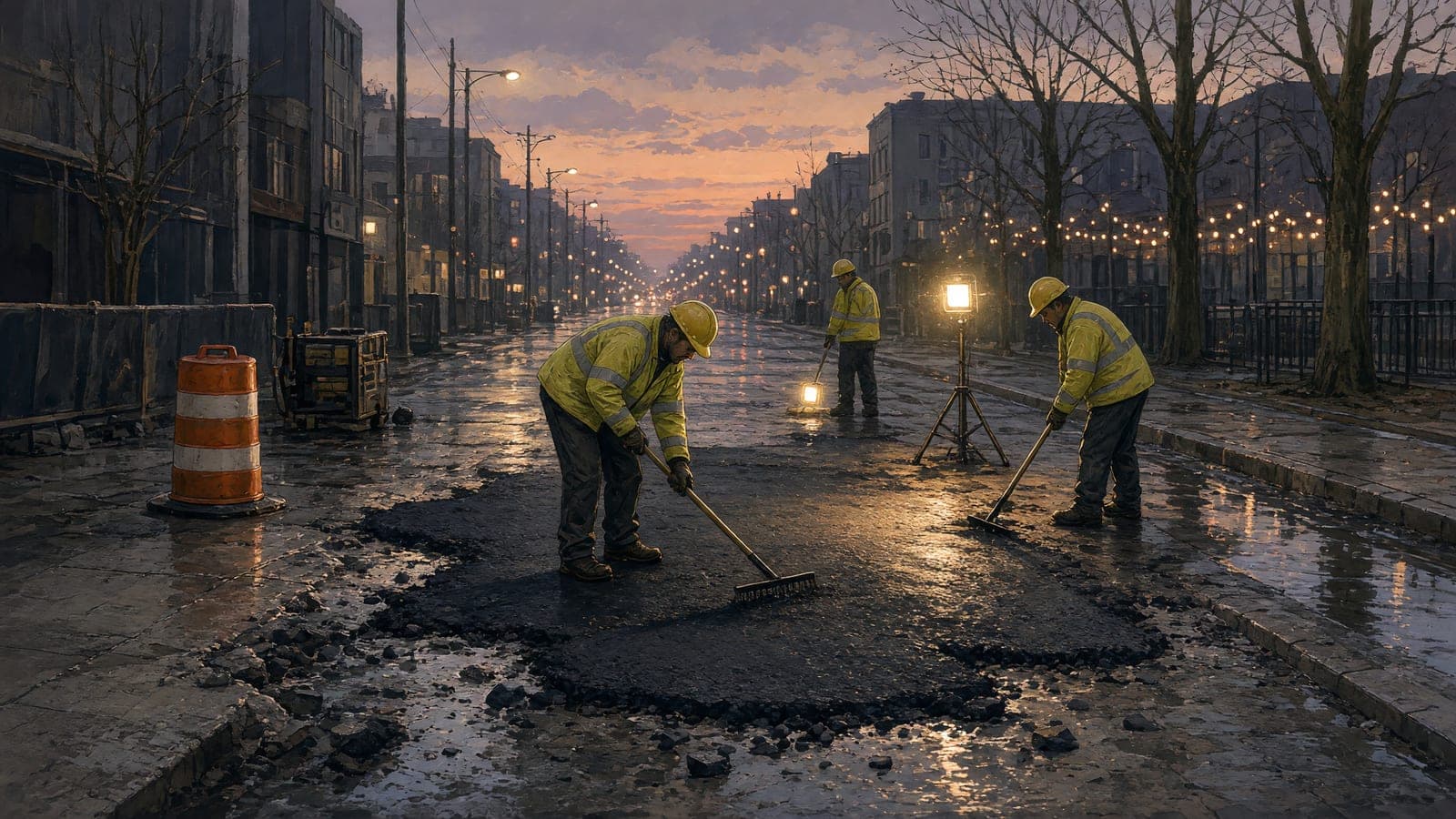 Crews patch a rain-wet urban road under work lights before evening traffic.