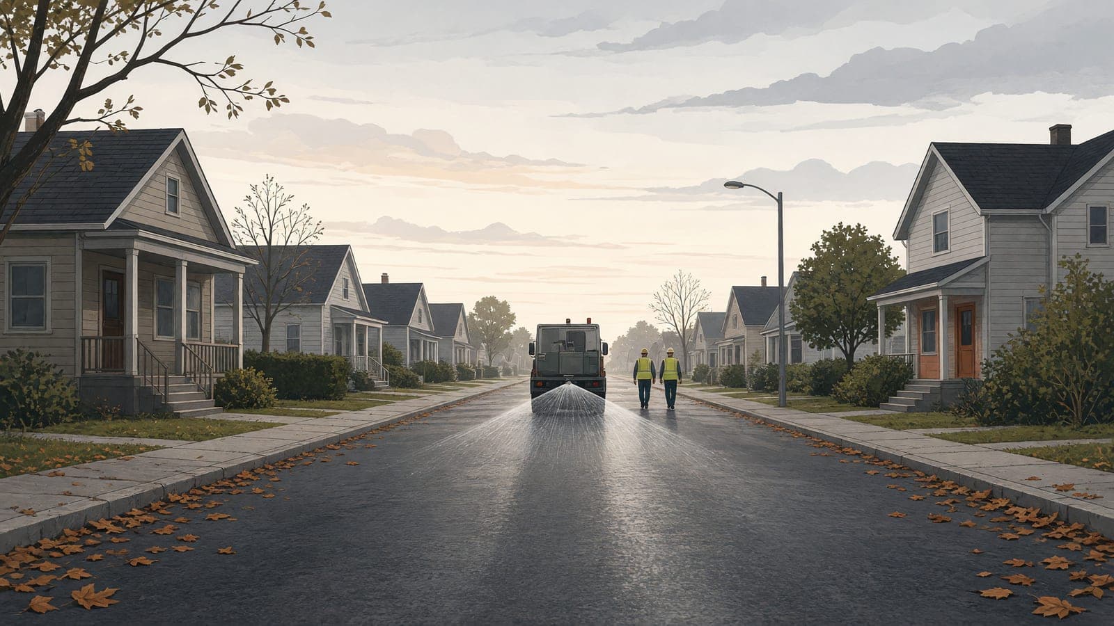 A crew sprays a rejuvenating treatment across an intact residential street at dawn.